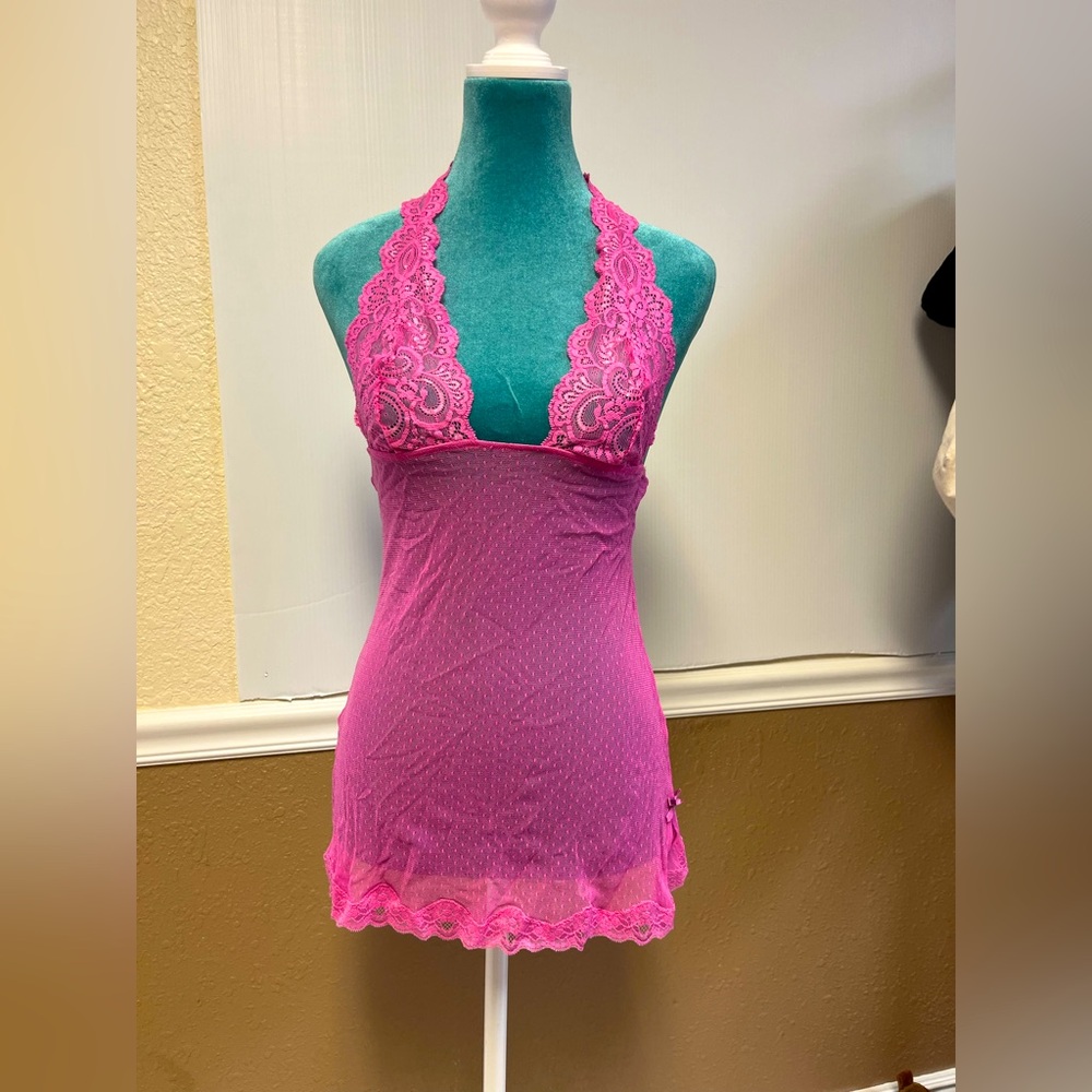 Vintage Victoria’s Secret Teddy M bubblegum Pink Sheer‎ Lace Babydoll Lingerie